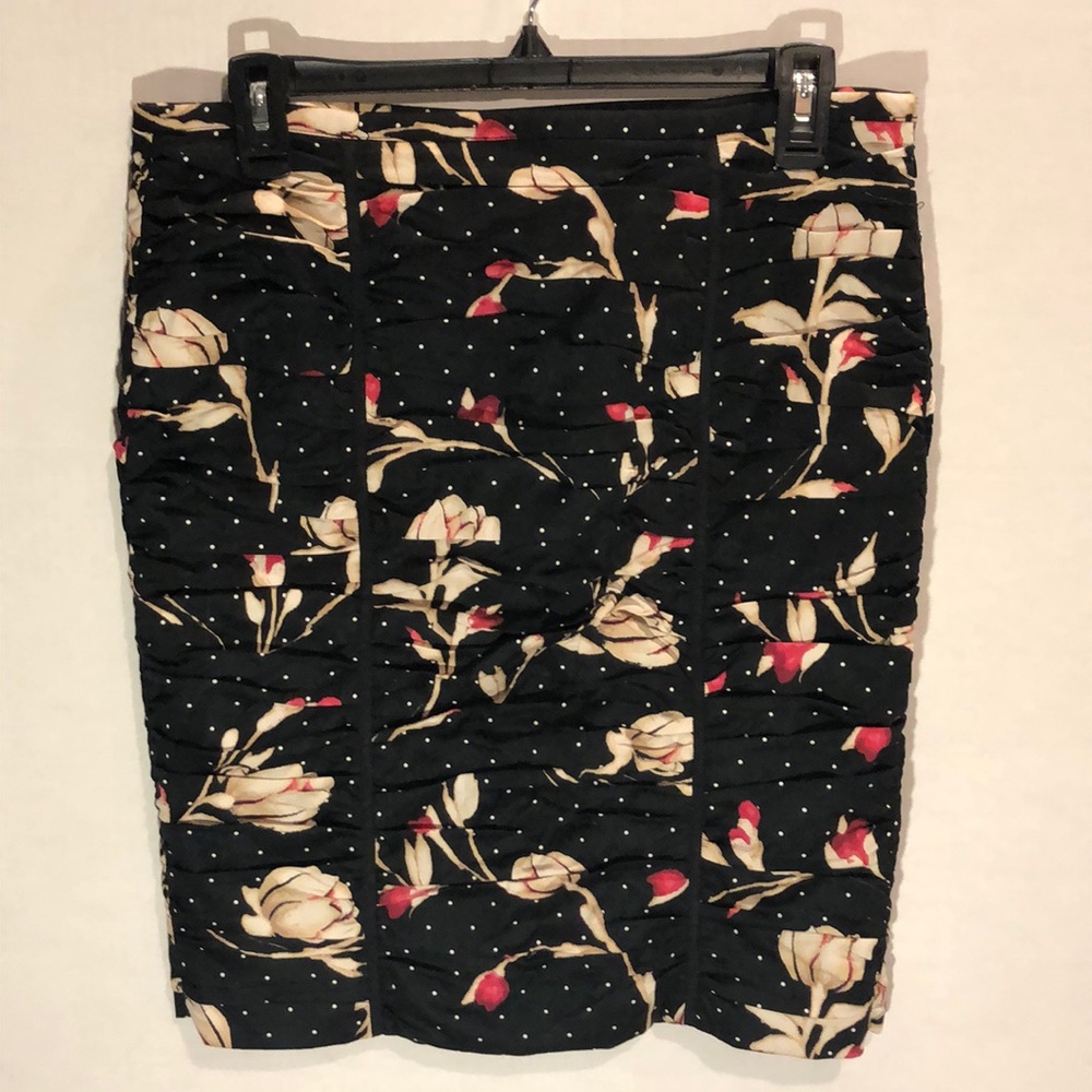 WHBM Black Ruched Pencil Skirt with Polka Dots